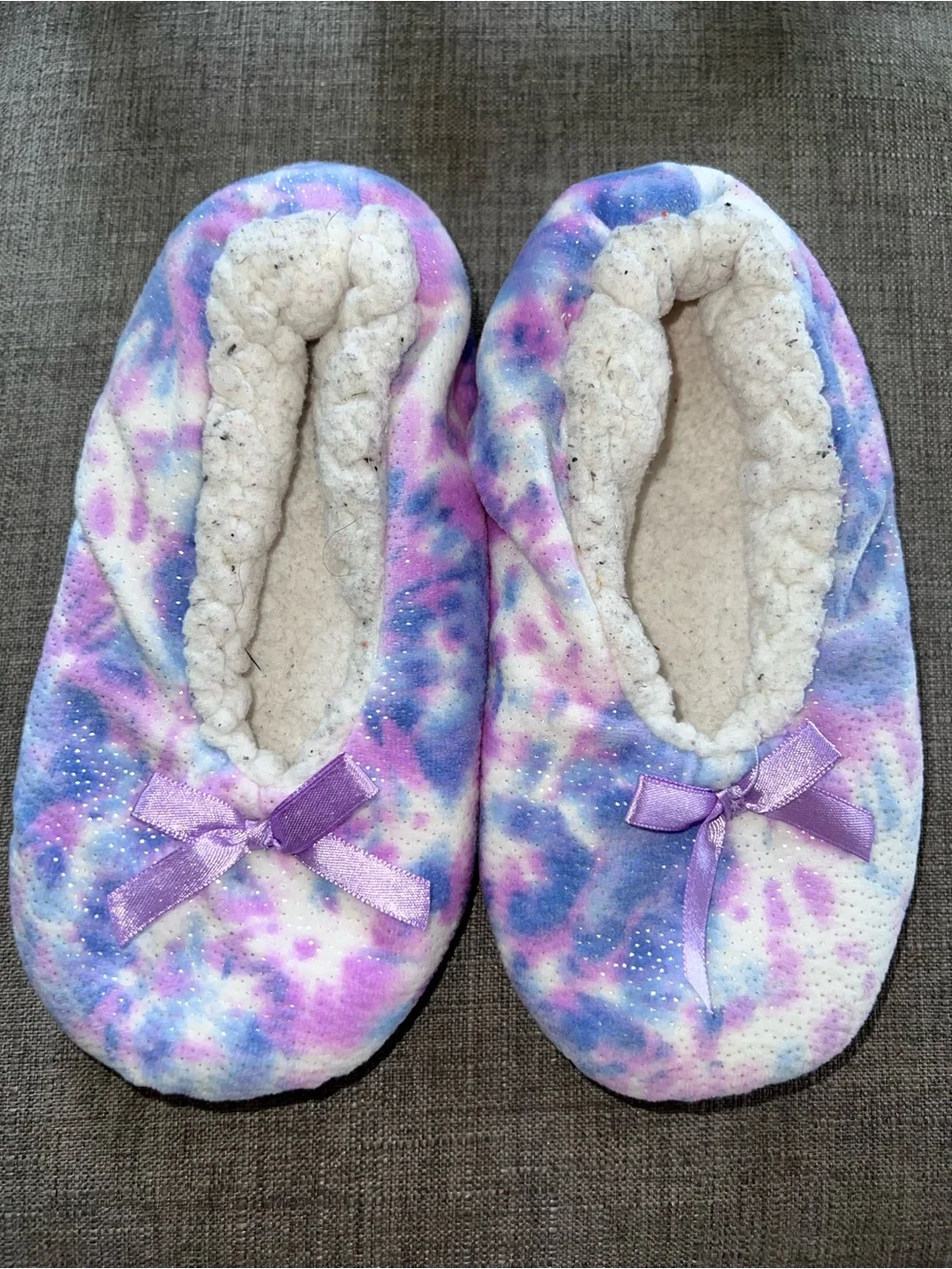 Kids Purple Tie-Dye Cozy Slippers with Bow